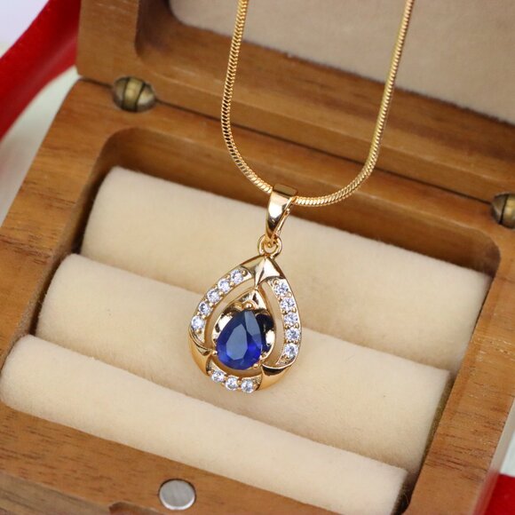 "Blue Pear-Shaped Pendant with Sparkling Stone Accents – Elegant Look,XPPT1801 - Picture 6 of 13